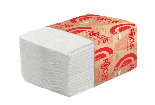 Туалетная бумага Focus V-fold, 250 листов, 2-слойная, листовая, белая, 10,8х23 см, 30 упаковок в коробе - фото №1