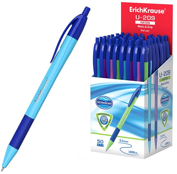 Ручка шариковая автоматическая ErichKrause U-209 Neon Matic&Grip, синяя, манжетка, 0,3 мм, 50 штук - фото №1