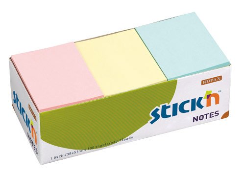 Блок самоклеящийся Stick`n, 38х51 мм, 3 пастельных цвета, 12 блоков по 100 листов