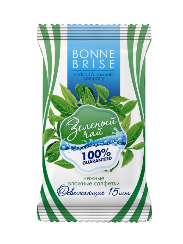 Салфетки влажные с экстрактом Зеленого чая "Bonne Brise", 15 штук в упаковке
