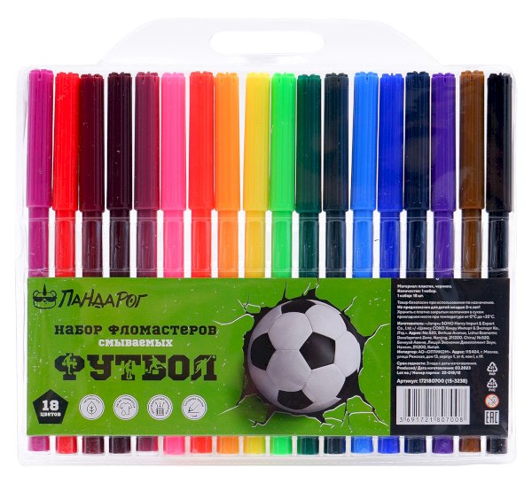 Фломастеры ПандаРог Футбол, 18 цветов, смываемые, в пластиковой блистере - фото №1
