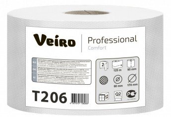 Туалетная бумага Veiro Professional Comfort T206, 2-слойная, белая, 125 метров, 12 рулонов в упаковке