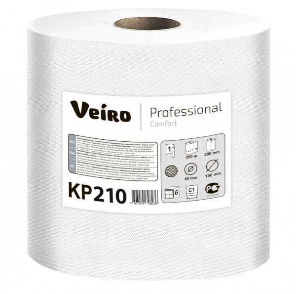 Полотенца бумажные с центральной вытяжкой Veiro Professional Comfort KP210, 1-слойные, белые, 200 метров, 6 рулона в упаковке