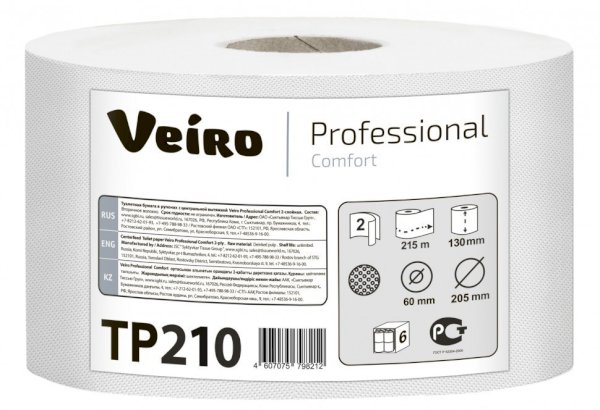 Туалетная бумага Veiro Comfort с центральной вытяжкой TP210, 2-слойная, белая, 215 метров, 6 рулонов в упаковке