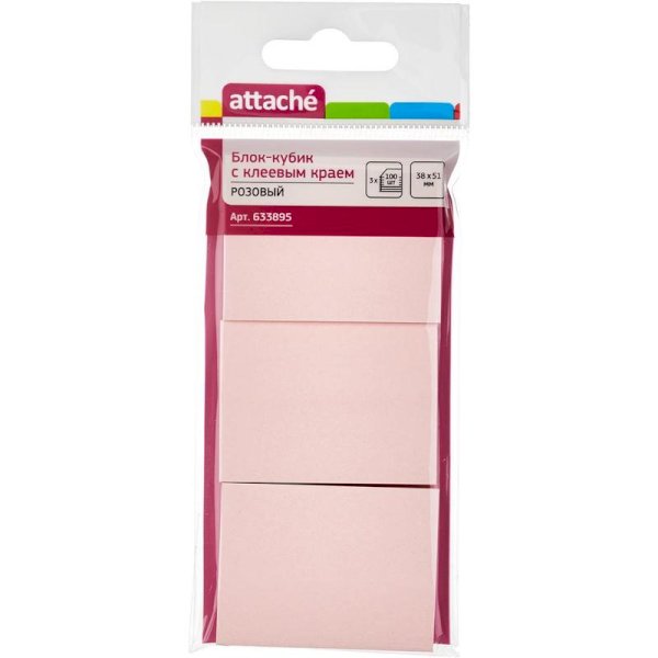 Блок для записей самоклеящийся 38х51 мм, пастельно-розовый, 3 блока по 100 листов, в упаковке 12 штук