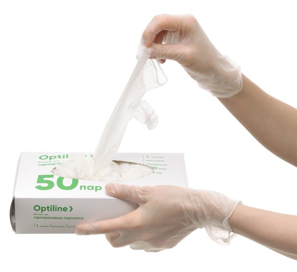Перчатки виниловые Optiline, размер L, смотровые медицинские,  не стерильные,  неопудренные, 100 шт. в упаковке