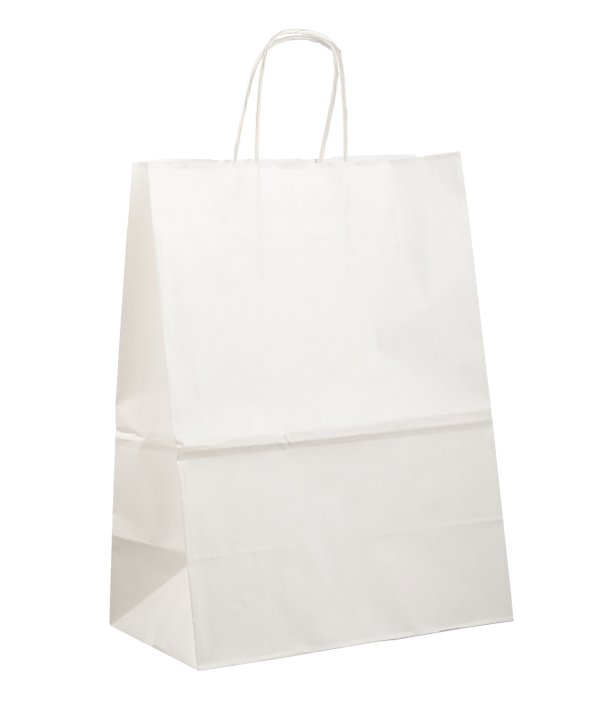 Пакет-сумка крафт, 26+15х35 см, белый, с кручеными ручками, в упаковке 200 штук