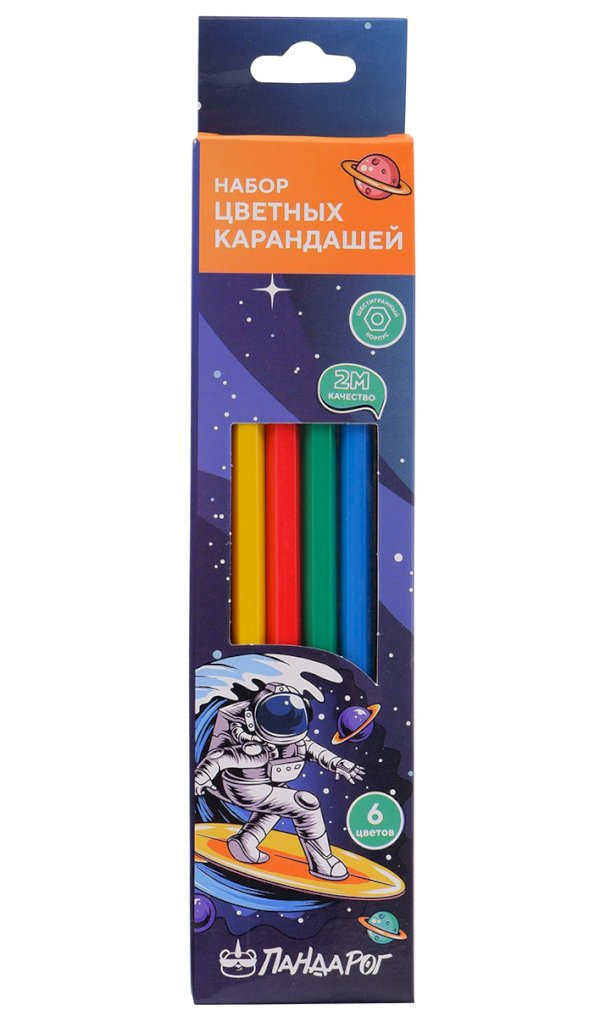 Карандаши цветные ПандаРог Космический Серфер, 6 цветов, пластиковые, шестигранные - фото №1