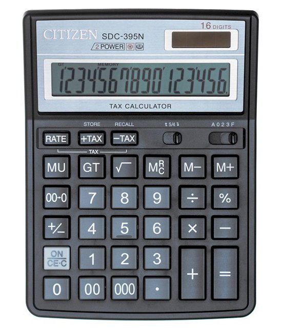 Калькулятор настольный Citizen SDC-395N, 16 разрядов, двойное питание, черный