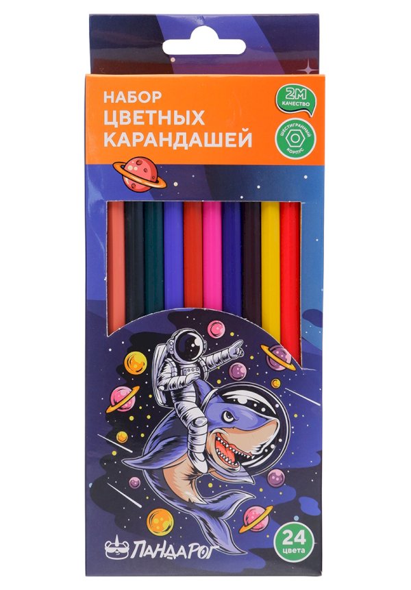 Карандаши цветные ПандаРог Космический серфер, 24 цвета, пластиковые, шестигранные - фото №1