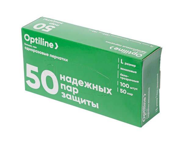 Перчатки виниловые Optiline неопудренные,  размер L, прозрачные, 100 штук в упаковке