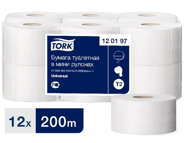 Туалетная бумага Tork Universal, Т2, 1-слойная, белая, 200 метров, 12 рулонов в упаковке - фото №1