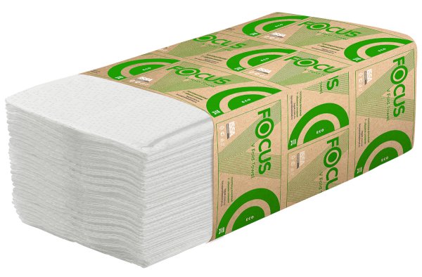 Полотенца бумажные Focus Eco, 23х23см, V-сложения, 1-слойные, 250 листов, белые, 15 упаковок в коробке - фото №1