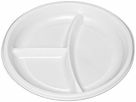 Тарелка пластиковая, диаметр 205 мм, 3-х секционная, белая, 100 штук