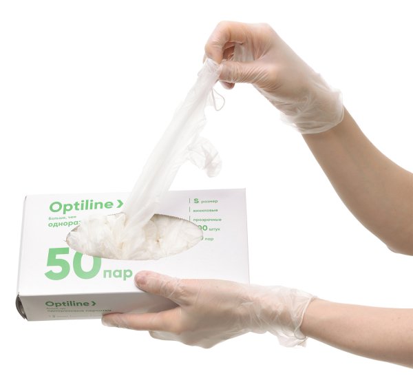 Перчатки виниловые Optiline, размер S, смотровые медицинские, не стерильные, неопудренные, 100 шт. в упаковке.