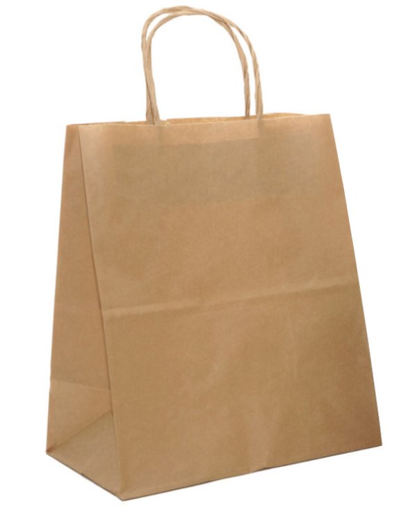Пакет-сумка с кручеными ручками, 24+14х28 см, 80 г/м2, макулатура, крафт, 300 штук
