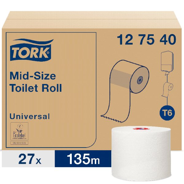 Туалетная бумага Tork Mid-size Universal T6, 1-слойная, белая, 135 метров, 27 рулонов в упаковке - фото №1