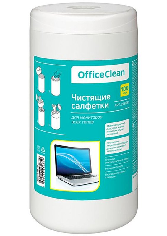 Салфетки чистящие влажные OfficeClean, для экранов всех типов, в тубе, 100 штук