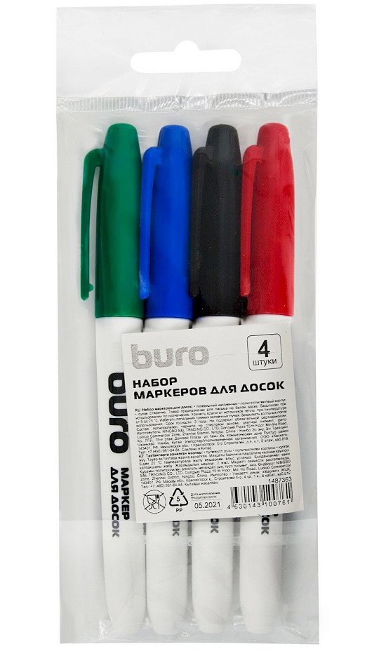 Набор маркеров для белых досок Buro, 4 цвета, пулевидный, 2,5 мм