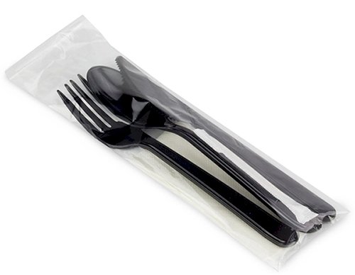 Комплект одноразовых приборов "5" черный (вилка, нож, столовая ложка, салфетка белая, зубочистка), 250 штук в упаковке