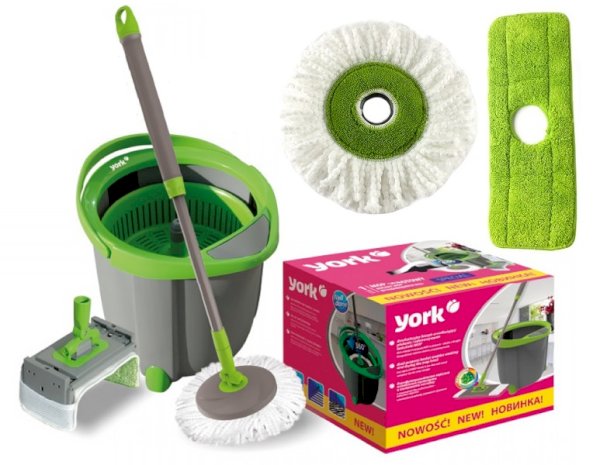 Комплект для уборки York: ведро, встроенный отжим, вращающийся круглый моп, плоский моп, рукоятка