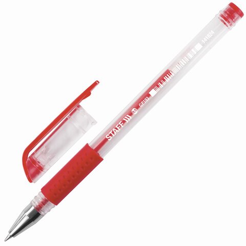 Ручка гелевая с грипом STAFF, красная, корпус прозрачный, узел 0,5 мм, линия письма 0,35 мм, 12 штук