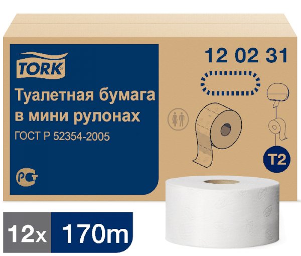 Туалетная бумага в мини-рулонах Tork Advanced, T2, 2-слойная, белая, 170 метров, 12 рулонов в упаковке