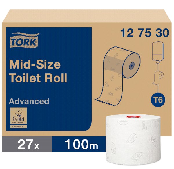 Туалетная бумага Tork Mid-size Advanced T6, 2-слойная, белая, 100 метров, 27 рулонов в коробке - фото №1