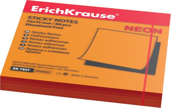 Блок самоклеящийся 75х75 мм, оранжевый неон, 80 листов, Erich Krause