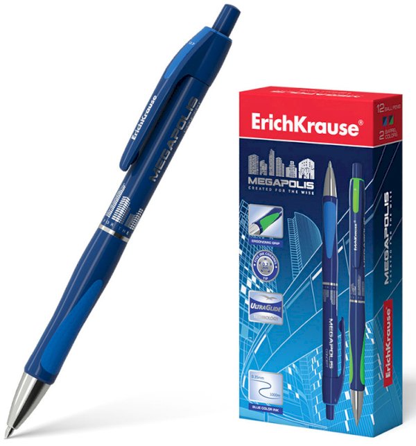 Ручка шариковая автоматическая ErichKrause Megapolis Concept, синяя, манжетка, 0,35 мм - фото №1