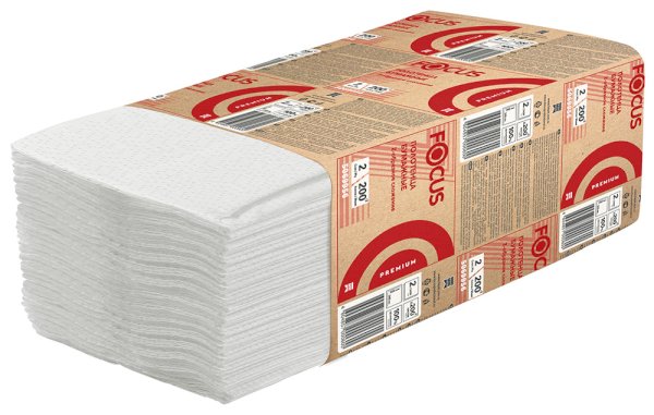 Полотенца бумажные FOCUS Premium, 24х20 см, 2-слойные, Z-сложения, 200 листов в упаковке, белые, 12 пачек в коробке - фото №1