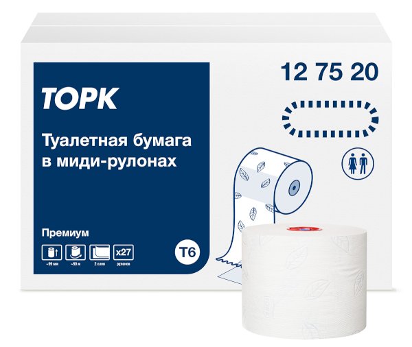 Туалетная бумага Торк Миди Премиум T6, 2-слойная, белая, 90 метров, 27 рулонов в коробке - фото №1
