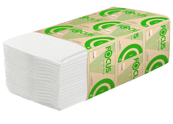 Полотенца бумажные Focus Eco V-сложения, белые, однослойные, 250 листов в упаковке, 23х20,5 см, 15 упаковок в коробке - фото №1