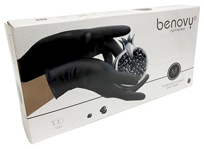 Перчатки ТPE BENOVY, размер М, черные, термопластичный эластомер, текстурированные, 200 штук