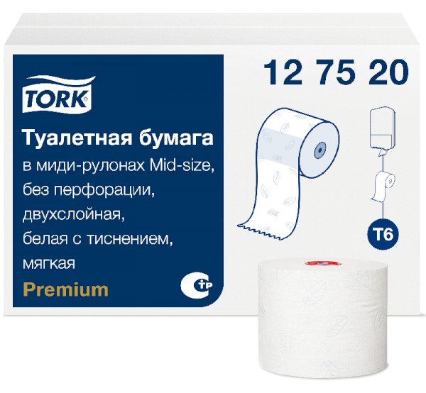Туалетная бумага Tork Mid-size Premium T6, 2-слойная, белая, 90 метров, 27 рулонов в коробке