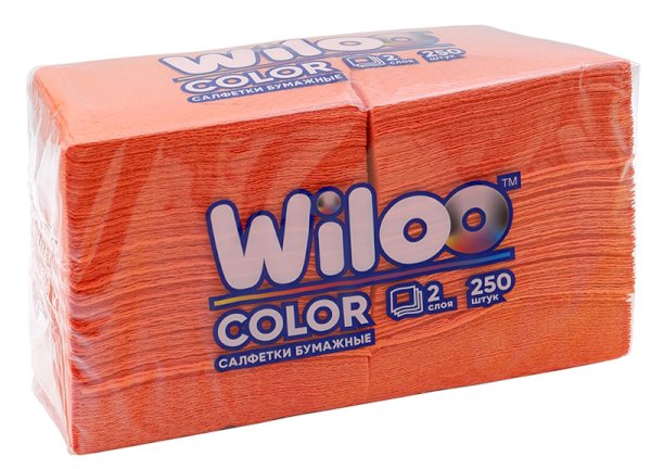 Салфетки бумажные оранжевые Wiloo, 2-слойные, 24х24 см, 250 листов в пачке,  9 пачек в упаковке