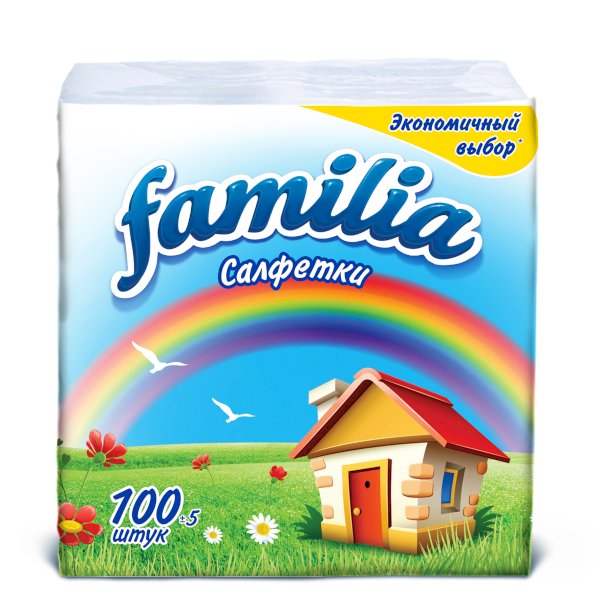 Салфетки бумажные Familia, 1-слойные, 24х24 см, 100 штук в упаковке