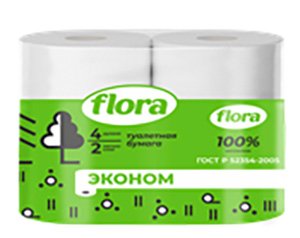 Туалетная бумага Flora, 2-слойная, белая, 4 рулона в упаковке