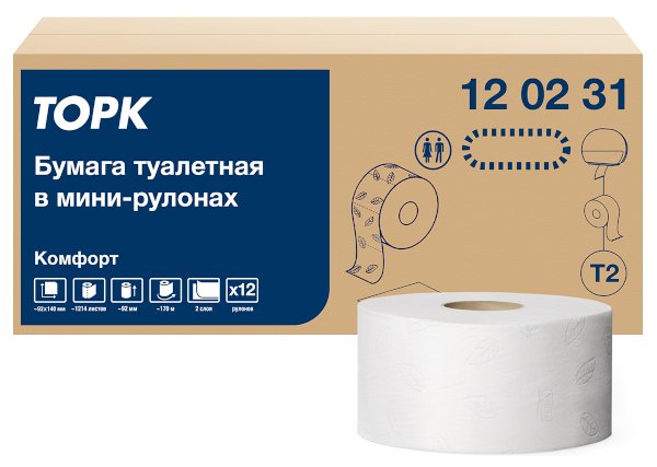 Туалетная бумага в мини-рулонах Торк Комфорт, T2, 2-слойная, белая, 170 метров, 12 рулонов в упаковке - фото №1