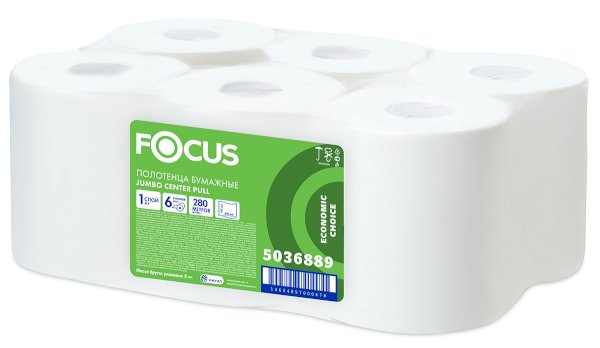 Полотенца бумажные Focus Jumbo, 1-слойные, в рулоне 280 метров, с центральной вытяжкой, 6 рулонов - фото №1