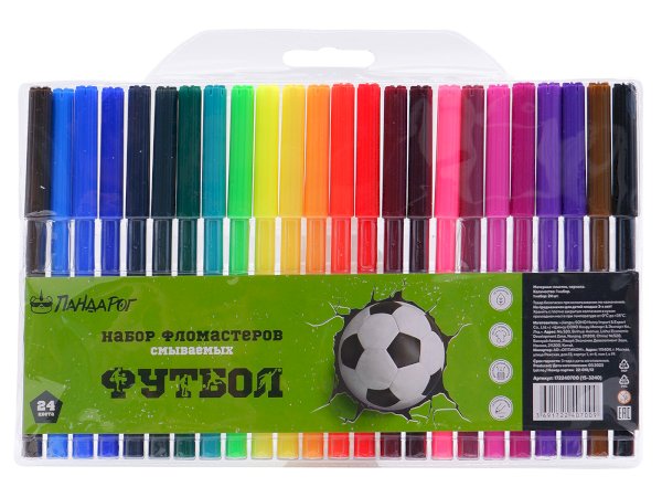 Фломастеры ПандаРог Футбол, 24 цвета, смываемые, в пластиковом блистере - фото №1