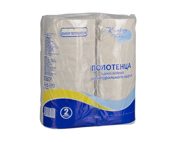 Полотенца бумажные Комфорт 1-слойные в рулонах, цвет натурально белый, 2 рулона в упаковке - фото №1