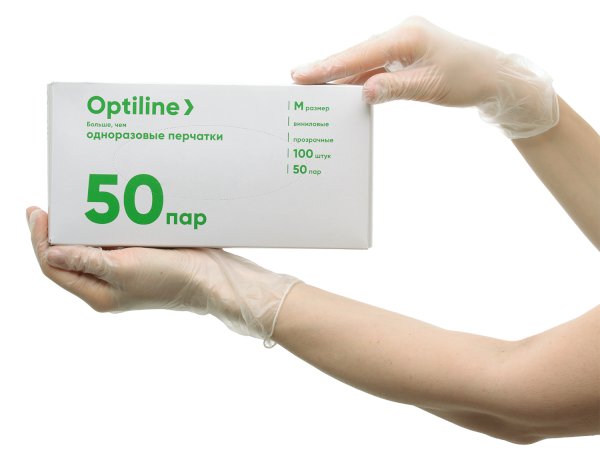 Перчатки виниловые Optiline, размер M, смотровые медицинские, не стерильные, неопудренные, 100 штук в упаковке - фото №1