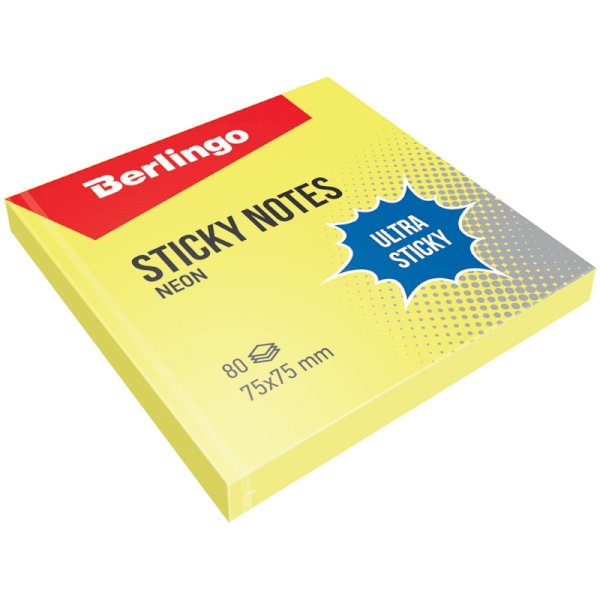 Блок самоклеящийся Berlingo "Ultra Sticky", 75х75 мм, желтый неон, 80 листов