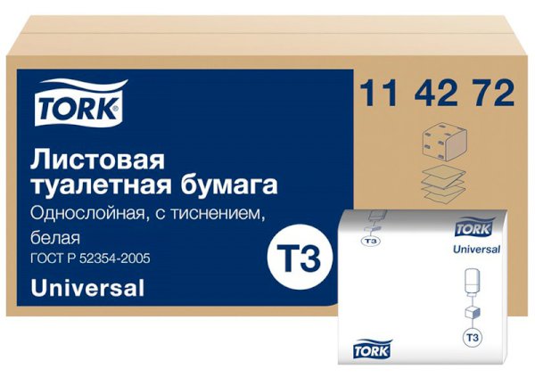 Туалетная бумага Tork Universal Т3 114272, 1-слойная, белая, 250 листов, 40 пачек в упаковке - фото №1