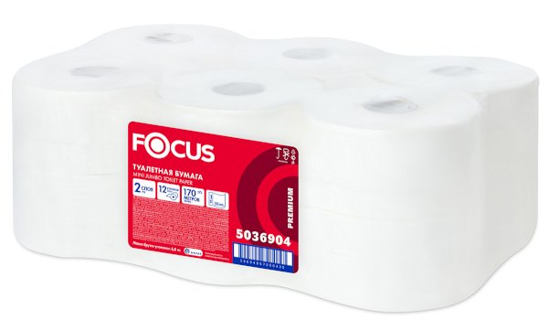 Туалетная бумага Focus Mini Jumbo 2-слойная, 170 метров, белая, в упаковке 12 штук