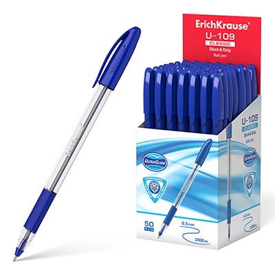 Ручка шариковая ErichKrause U-109 Classic, синяя, манжетка, 1,0 мм, толщина линии 0,3 мм, 50 штук в упаковке - фото №1
