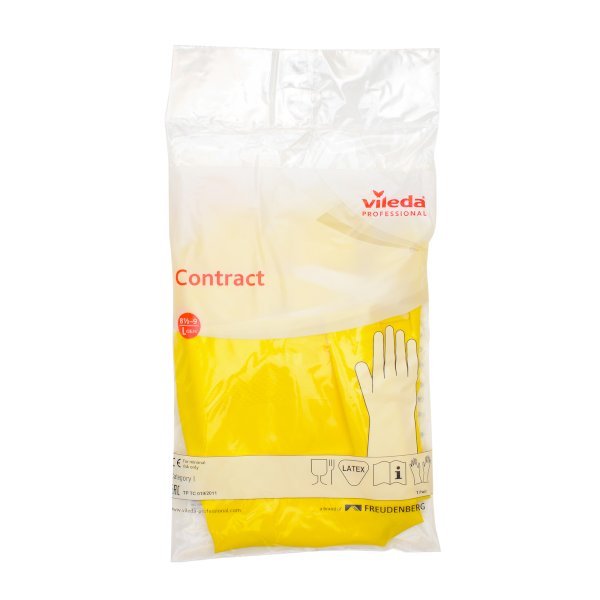 Перчатки резиновые хозяйственные Vileda Контракт, размер L, желтые, 10 пар в упаковке, 50 пар в коробке - фото №1