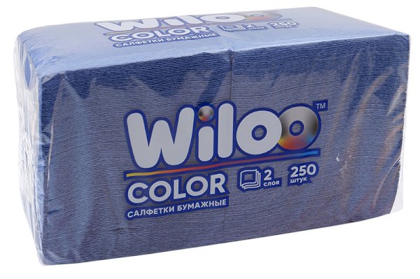 Салфетки бумажные синие Wiloo, 2-слойные, 24х24 см, 250 листов в пачке, 9 пачек в упаковке