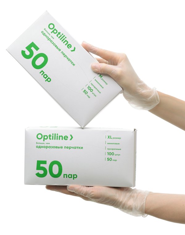 Перчатки виниловые Optiline, размер XL, смотровые медицинские, не стерильные, неопудренные, 100 шт. в упаковке - фото №1